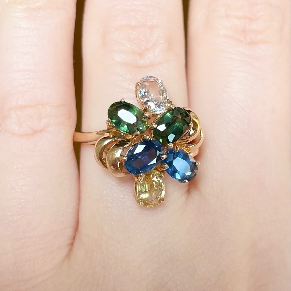14K multicolor rainbow Genuine Sapphire oval cut cluster gold ring . - Picture 2 of 10